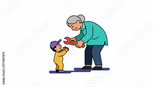 Generational Transfer of Skills: Grandmother Hands Wrench to Eager Young Boy for DIY Mentorship