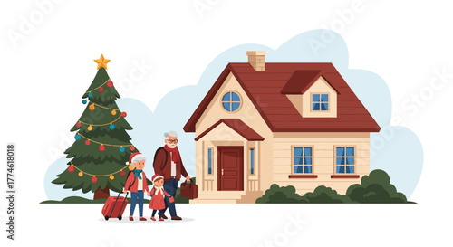 Family's Festive Homecoming Grandparents and Grandchild Return to a Decorated House at Christmas