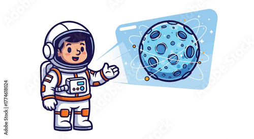 Cartoon astronaut in white and orange space suit pointing at a blue planet on a tablet screen with a white background.
