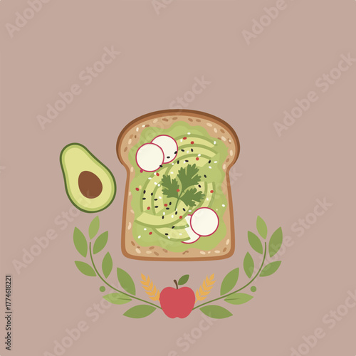 A flat lay image of avocado toast with radishes and cilantro, an avocado half, and a leafy branch with an apple on a tan background.