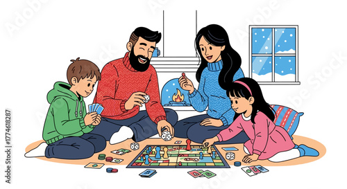 Joyful family sharing quality time playing a classic board game in a warm, inviting home during a snowy winter night