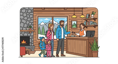 Happy family arrives at a cozy mountain lodge for a winter vacation, checking in with the friendly receptionist to begin their snowy adventure