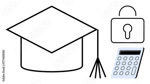 Graduation cap, lock, and calculator symbolize education, security, financial planning, achievement, knowledge, privacy success. Ideal for academics cybersecurity student loans goals learning