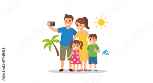 Vector illustration of a happy cartoon family with two children taking a selfie on a summer beach vacation