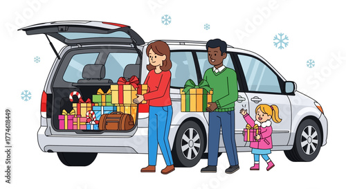 Family loading gifts into a van for the holidays with snow in the background, festive and joyful