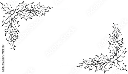 Festive holly corner border design for holiday invitations