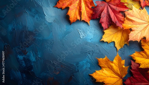 Autumn Leaves on a Textured Blue Background - A Seasonal Still Life.