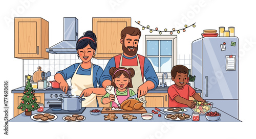 Family Christmas Celebration in the Kitchen Preparing a Festive Meal Together