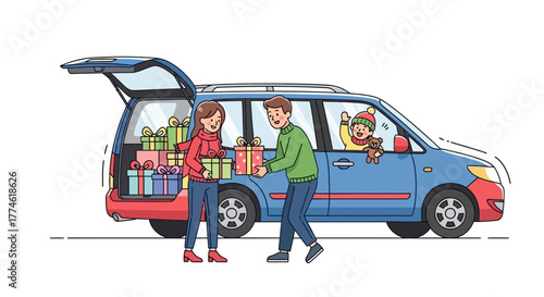 Festive Family Packing Gifts into Car for Holiday Trip Vector Illustration