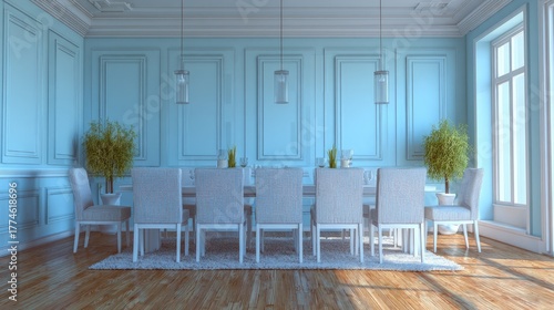 Elegant dining room with pale blue walls and light gray chairs.
