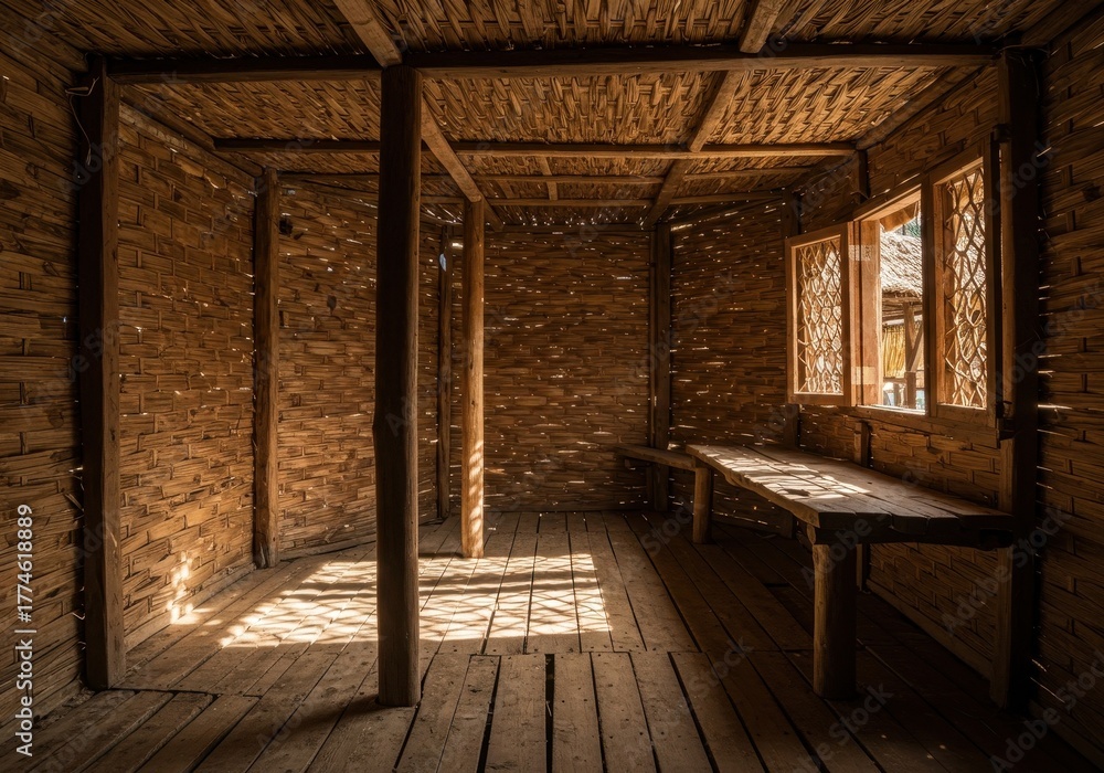 Obraz premium Cozy interior of a rustic, handmade beach hut, showcasing woven walls, natural textures, and filtered sunlight ,structure ,light ,seaside