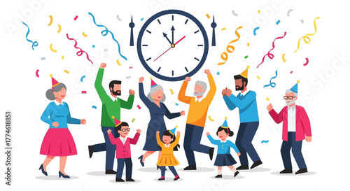 A happy multi-generational family celebrating the New Year's Eve countdown with a clock at midnight