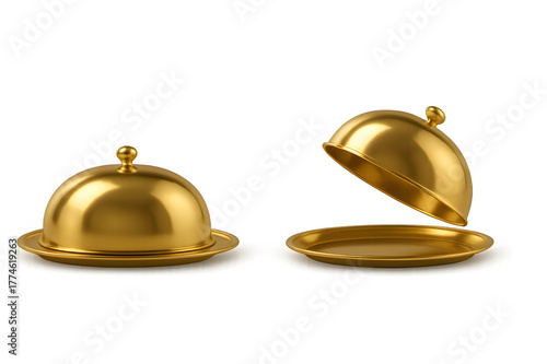 Two golden serving dishes one closed and one open revealing an empty plate against on transparent background