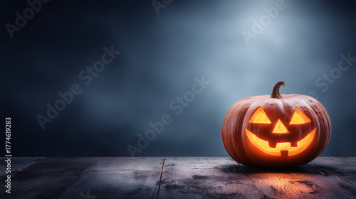 Glowing Halloween Pumpkin with Sinister Smile on Dark Eerie Background, Carved Jack-o'-lantern for Spooky Celebration
