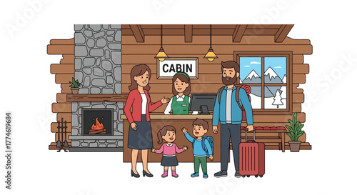 Family vacation arriving at a charming log cabin hotel for check-in, greeted by friendly staff in a cozy, rustic mountain resort setting