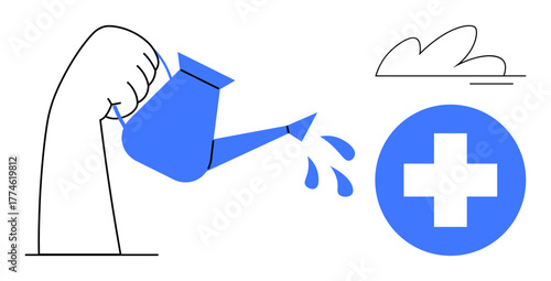 Hand pouring water from blue watering can onto cross symbol, symbolizing nurturing, support, and growth. Ideal for healthcare, self-care, wellness, responsibility, development sustainability