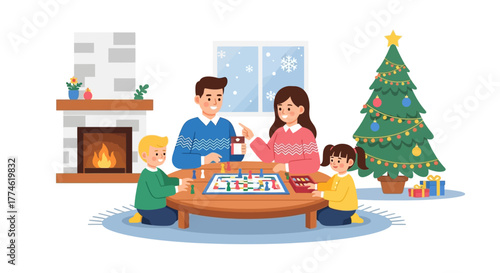 Happy family playing a board game together in a cozy living room during the winter holidays with a Christmas tree