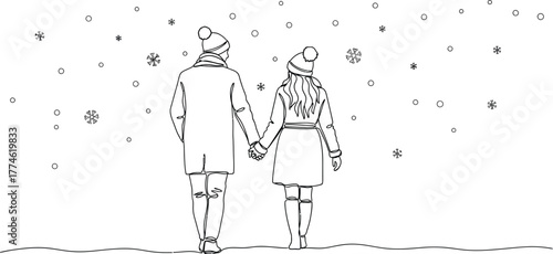 Couple walking in winter snow holding hands line drawing