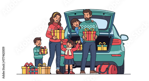 Happy family packing the car with colorful Christmas presents before a winter holiday road trip celebration