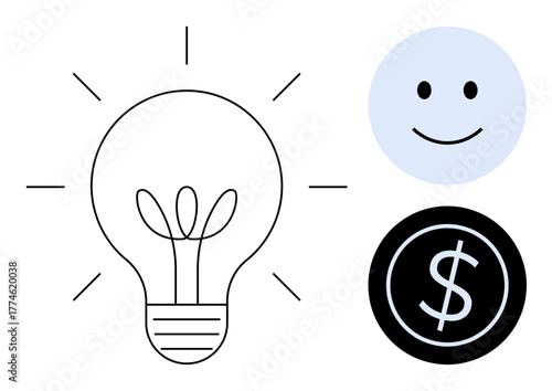 Light bulb symbolizing innovation, happy face for happiness, dollar sign for wealth creation. Ideal for creativity, positive ideas, success, motivation, finance, strategy simple flat metaphor
