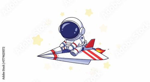 An astronaut rides a rocket ship through stars in a colorful cartoon illustration with a fun and adventurous mood.