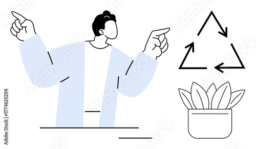Individual pointing at recycling triangle and plant in pot promoting sustainability, recycling, environmental care. Ideal for green living, ecological awareness, waste reduction, minimalism