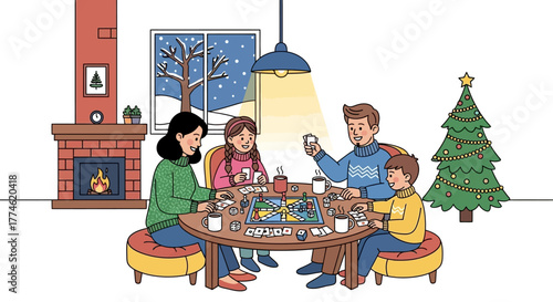 Family enjoying a board game by the fireplace during winter holidays with a decorated Christmas tree