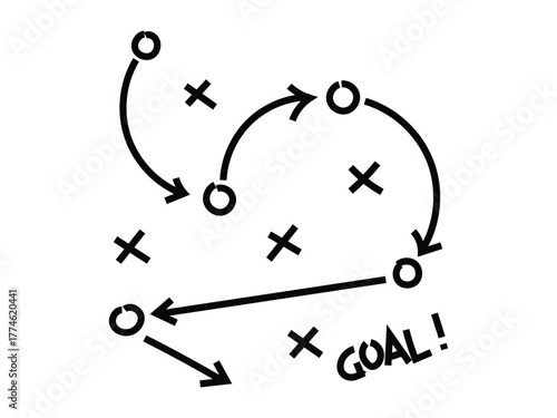 Strategy diagram, sports tactics, soccer player positions and arrows