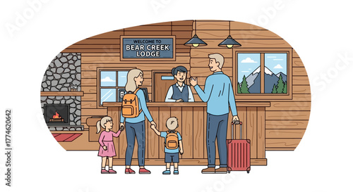 Family Check-In at Cozy Lodge Reception Desk with Fireplace View