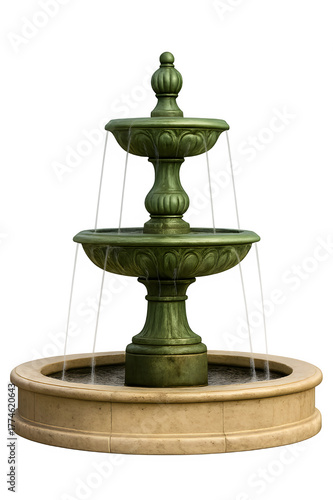 Elegant tiered fountain with water flowing gently in a garden or park setting on transparent background