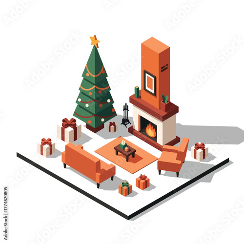 Cozy isometric living room decorated for Christmas with a tree, fireplace, and presents.