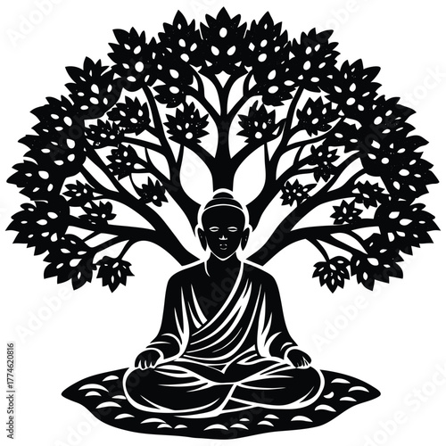 Buddha Bodhi Tree Silhouette Spiritual Awakening and Enlightenment Illustration on White Background