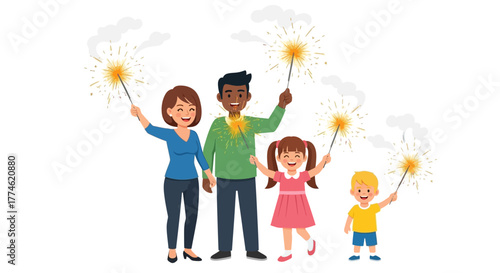 Happy family holding sparklers and celebrating a joyous occasion together