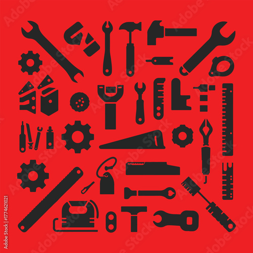 Silhouette Collection of Hand Tools on Red Background – DIY, Construction, and Repair Icons