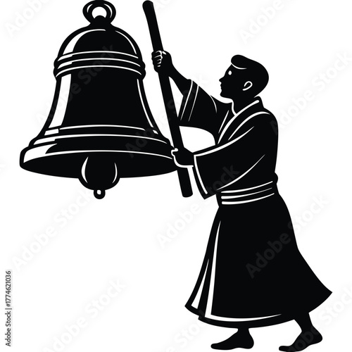 Ringing the Bell Illustration Silhouette in Black and White on White Background