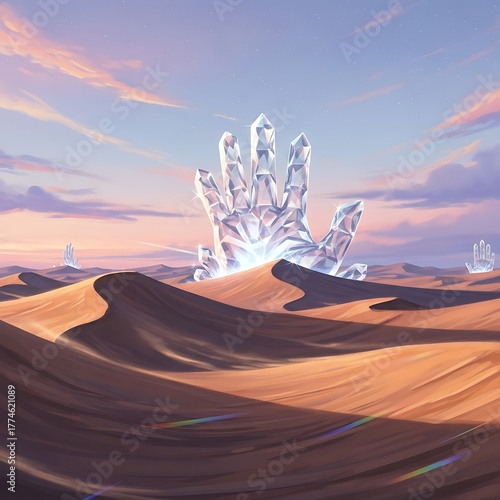 Crystal Hand Emerging from Desert Sands Under a Sunset Sky.