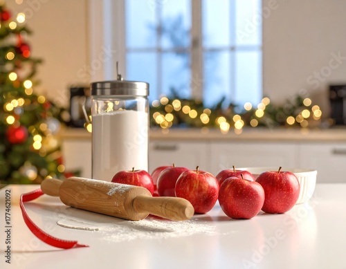 Christmas Baking Preparation with Apples and Rolling Pin.