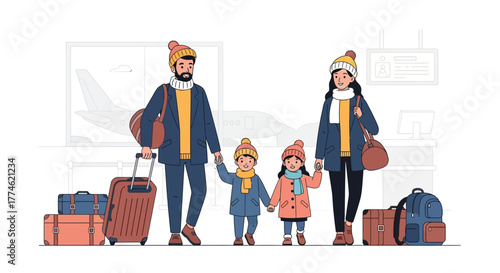 Family Vacation Parents and Children Traveling Together with Luggage at the Airport