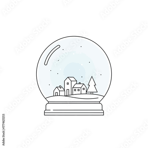 A detailed illustration of a snow globe featuring houses and a tree inside a glass sphere.