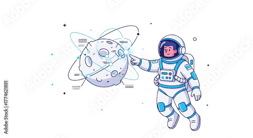 An astronaut in a spacesuit floating next to a detailed illustration of a planet with rings in space with a futuristic and dreamy mood.