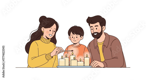 Joyful family bonding over a cherished tradition, parents and child lighting candles together, creating warmth and unity