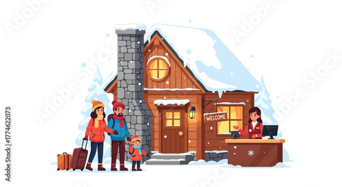Happy family with child and luggage arriving at a cozy winter ski resort lodge for their holiday vacation