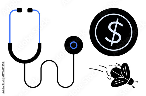 Stethoscope, dollar coin, and flying insect symbolizing medical expenses, financial issues, or challenges in healthcare. Ideal for healthcare finance, economic impact, cost analysis, insurance