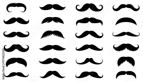 Diverse collection of black silhouette mustache styles. Vector icon set of various men's facial hair shapes for barbershop and retro fashion concepts