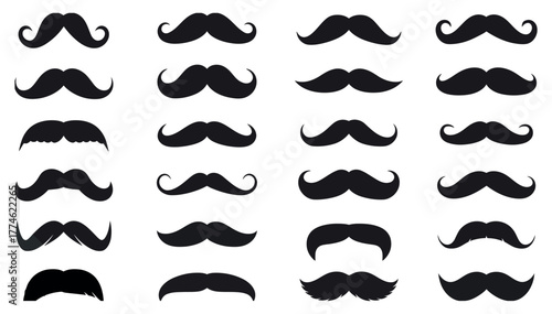 Black Mustache Silhouettes on White Background Vector Illustration.