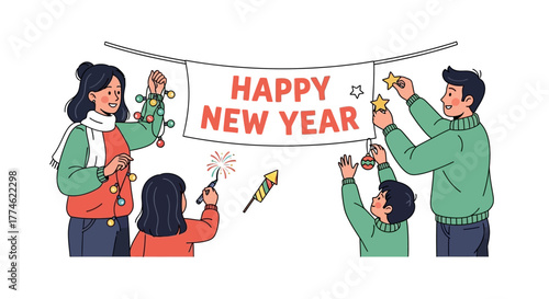 Joyful family working together to hang a festive Happy New Year banner, celebrating the holiday with lights and decorations