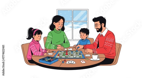 Family playing board game together at home in winter illustration