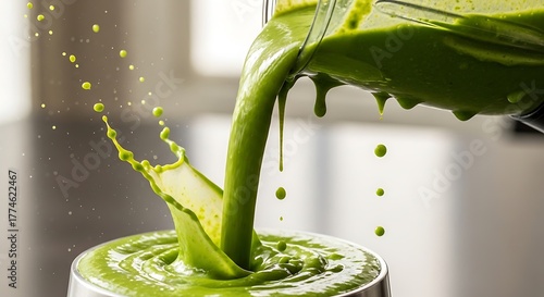 Vibrant Green Smoothie Pouring into Glass with Splashes.
