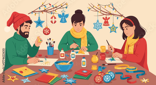 Creative people crafting holiday decorations together at a table during winter