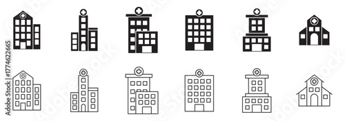 hospital building vector filled and outlined icons collection set